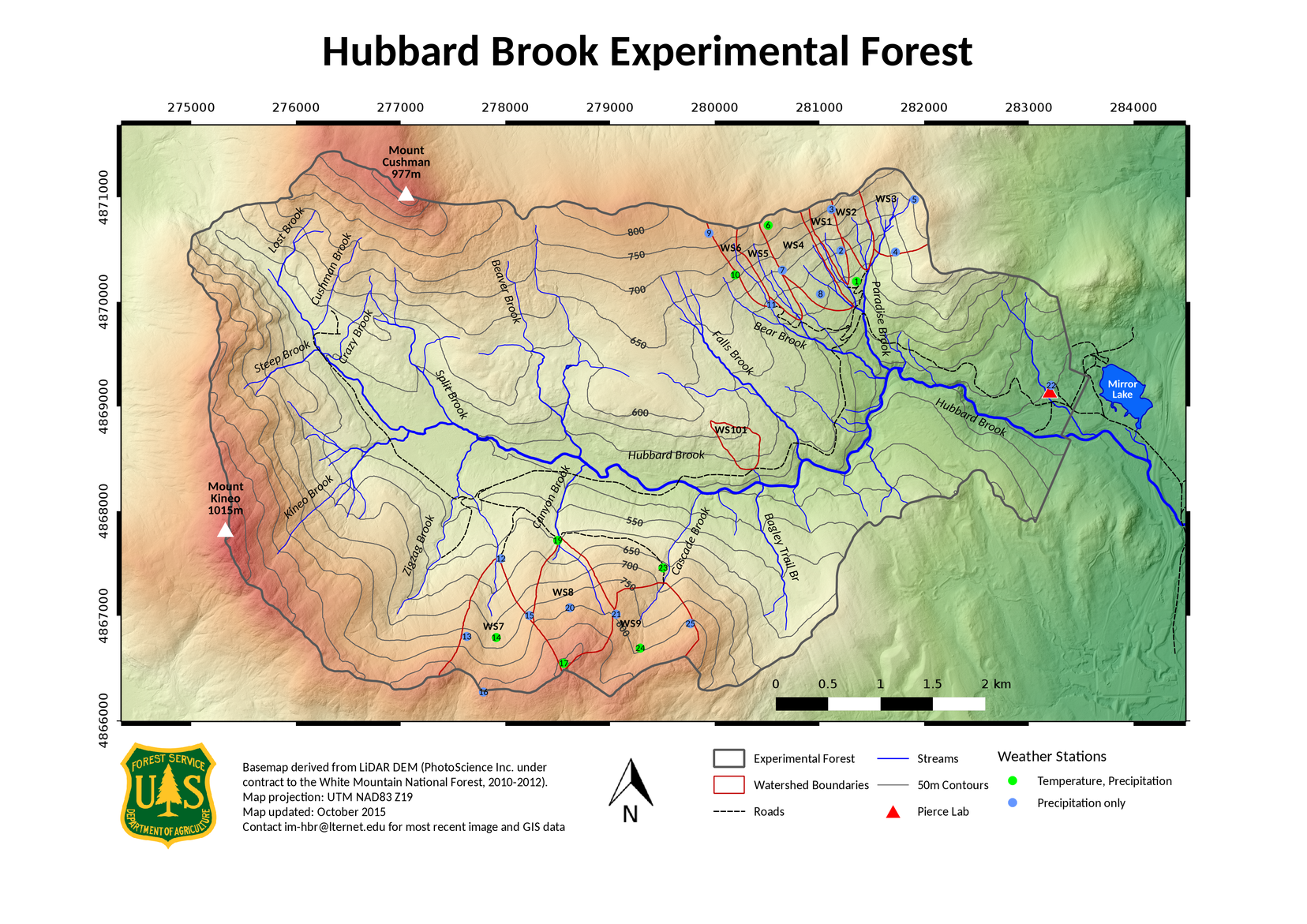 Map showing watershed lines, streams, mountains, weather stations, and Mirror Lake.
