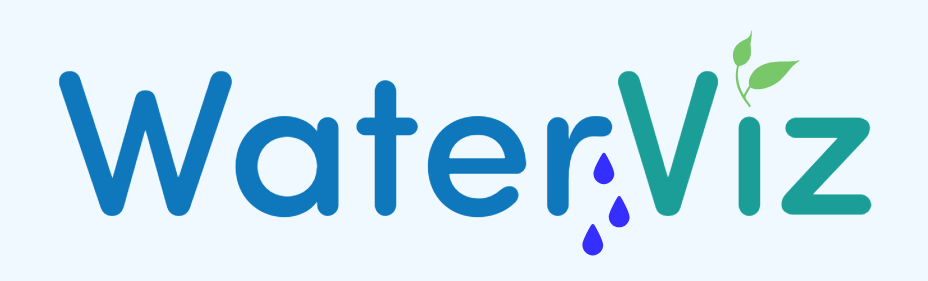 WaterViz logo with blue and teal letters, water droplets under the letter R, and green leaves growing from the letter V