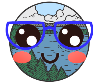 A smiling cartoon face with big eyes and blue glasses, drawn over a mountain, forest, and lake scene.